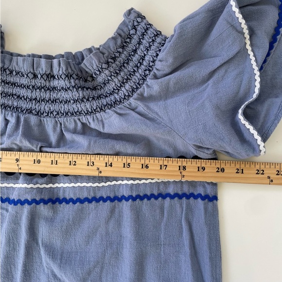 Mudpie Preppy Blue Finnigan Dress Stonewash Off Shoulder RickRack Dress Medium - Picture 8 of 9